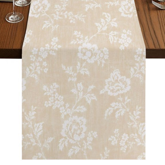 Spring Floral Burlap Cotton Table Runner 14x72 Inches Long, Rustic Flowers Botanical Beige Farmhouse Table Runners, Outdoor Dining Table Decor for Baby Shower/Party/Wedding