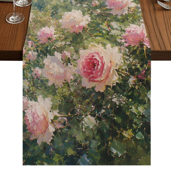 Spring Floral Burlap Cotton Table Runner 16x72 Inches Long, Pink Roses Romantic Summer Botanical Farmhouse Table Runners, Outdoor Dining Tablecloths Decor for Baby Shower/Party/Wedding