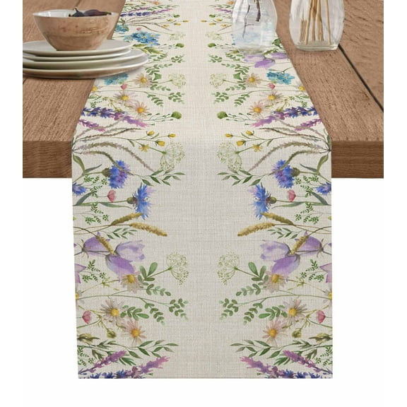 Spring Floral Burlap-Cotton Table Runner 72 Inches Long,Watercolor Pastoral Botanical Rustic Farmhouse Table Runners,Outdoor Dining Tablecloths Decor for Baby Shower Party Wedding 16x72