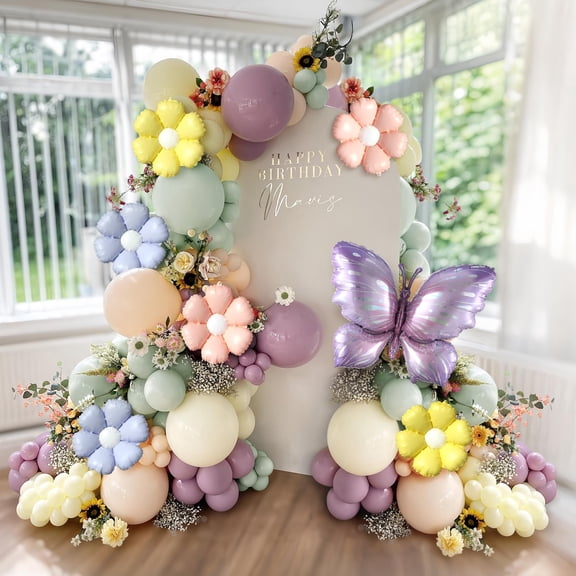 Spring Floral Butterfly Balloon Arch Kit,137Pcs Pastel Lavender Yellow Balloon Garland with Daisy,Butterfly Foil Balloons for Wildflower Fairy Baby Shower Birthday Garden Tea Party Decorations Y114