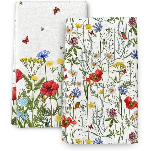 Spring Floral Butterfly Kitchen Towels Decorative Set of 2 Soft Absorbent Dish Towels Summer Flowers Hand Towels for Kitchen Drying Farmhouse Holiday Home Decorations 16x24 Inch