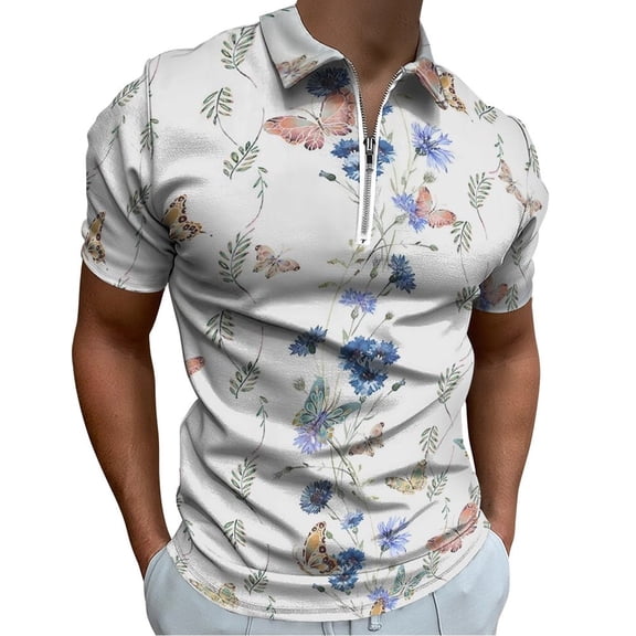 Spring Floral Butterfly Men Zipper T-shirt Summer Casual Short Sleeve T-shirt Top