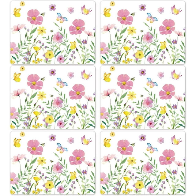 Spring Floral Butterfly Placemats Set of 6 Flower Summer Plastic Table Mats Wildflower Place Mats Washable Vinyl Rustic Holiday Table Decoration for Indoor Outdoor Party Kitchen Dining