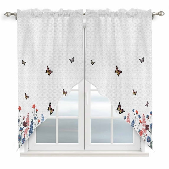 Spring Floral Butterfly Swag Valances for Windows, Kitchen Curtains 36 Inch Length 2 Panels Set, Farmhouse Flowers Botanical Short Curtains for Small Windows Rod Pocket Cafe Curtains Drapes 28"x36"