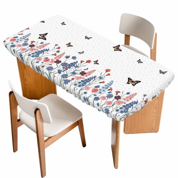 Spring Floral Butterfly Table Cloths for 6 Foot Rectangle Tables, Farmhouse Flowers Botanical Patio Waterproof Elastic Fitted Tablecloths, Washable Rectangular Table Cover for Camping