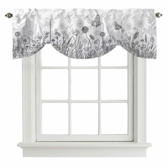 Spring Floral Butterfly Tie Up Valance Curtains Plant Floral Lines Countryside Adjustable Light Filtering Tie Up Valance Small Window Shade for Kitchen Bedroom Cafe 42" W x 12" L