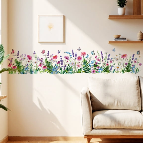 Spring Floral Butterfly Wall Border Decal 34.65in x 7in Botanical Wildflower Plant Wall Sticker for Bedroom Headboard Cabinet Decor, Nature Inspired Flower Garden Removable PVC Wall Decoration