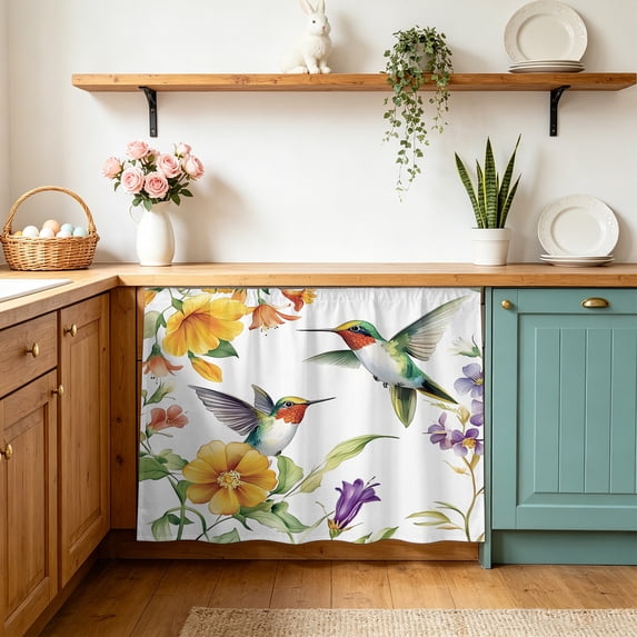 Spring Floral Cabinet Curtain 28"Wx35"L, Dustproof Under Sink Skirt with Self Adhesive Tape, Summer Botanical Birds Vintage Cabinet Curtain Cover for Bathroom Vanity, Kitchen Sink, Laundry Room