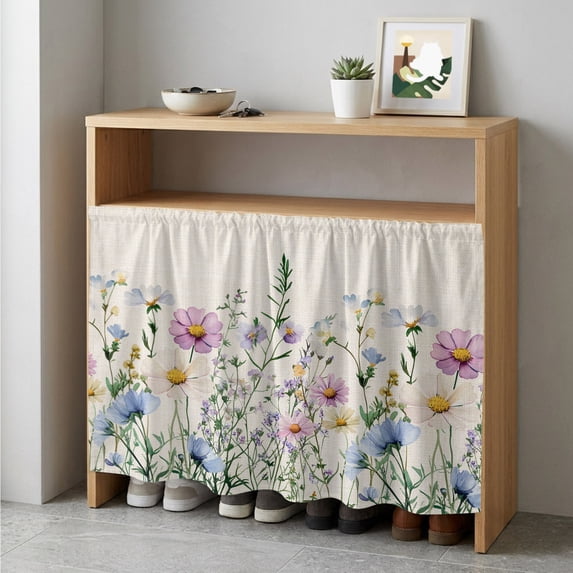 Spring Floral Cabinet Curtain 35"Wx35"L,Dustproof Under Sink Skirt with Self Adhesive Tape,Watercolor Herbs Summer Botanical Rustic Cabinet Curtain Cover for Kitchen Sink,Bathroom Vanity,Laundry Room