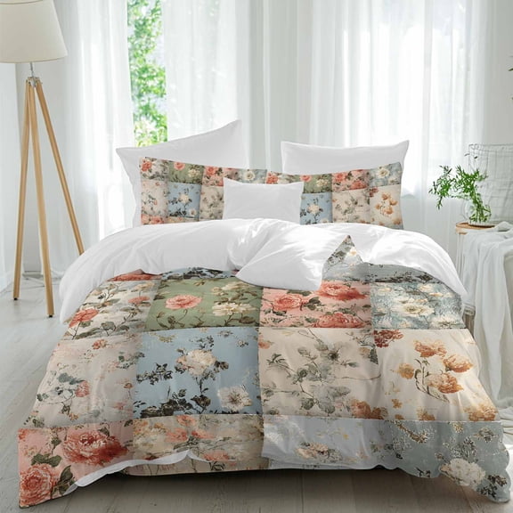Spring Floral California King Duvet Cover Set, Patchwork Style Flower 4 Piece Microfiber Bedding Set with Zipper Closure, Bed Sheet and 2 Pillow Shams, Soft Bedding Cover