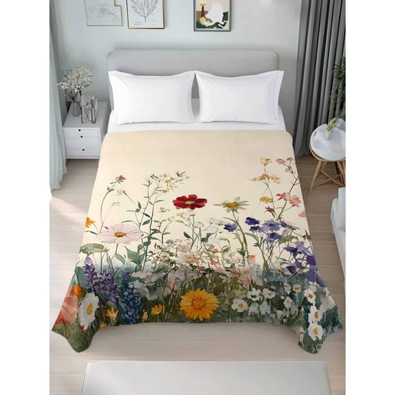 Spring Floral California King Size Flat Sheet, Wrinkleproof & Fadeproof Cooling Flat Bed Sheet Only, Beige Watercolor Botanical Breathable Soft Bedding Top Sheets 108 x 98 Inches