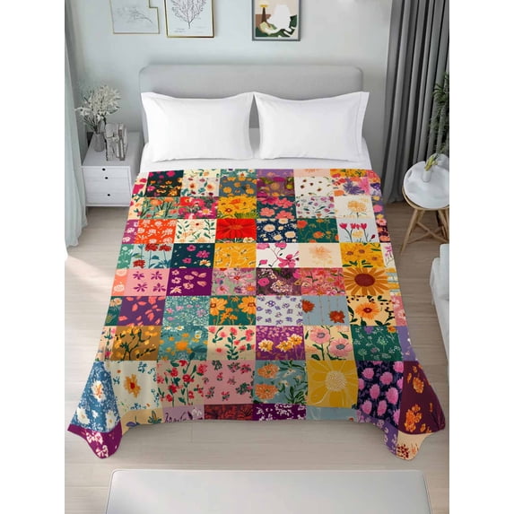 Spring Floral California King Size Flat Sheet, Wrinkleproof & Fadeproof Cooling Flat Bed Sheet Only, Vintage Plaid Summer Botanical Colorful Breathable Soft Bedding Top Sheets 108 x 98 Inches