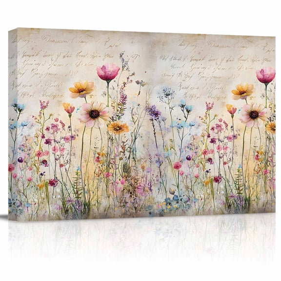 Spring Floral Canvas Print Wall Art Vintage Watercolor Colorful Floral Newspaper Texture Pictures Painting Morden Artwork for Living Room Bedroom, Ready to Hang - 12"x16"