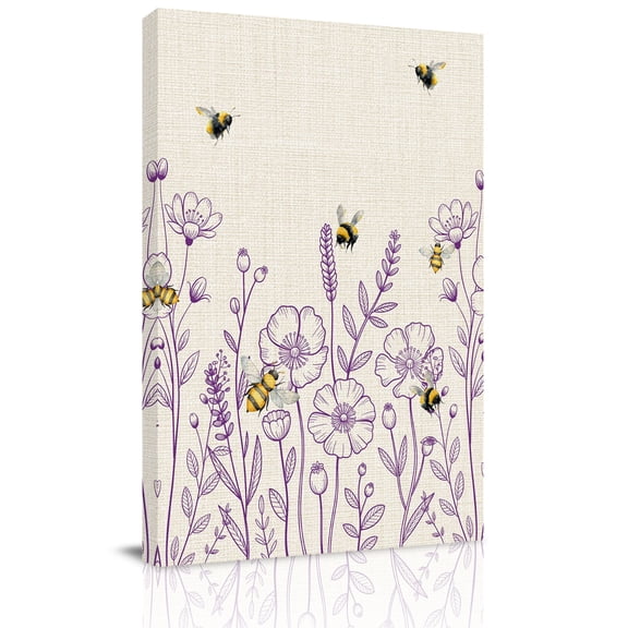 Spring Floral Canvas Wall Art for Living Room, Abstract Line Flowers Cartoon Watercolor Bee Linen Texture Poster Print Painting for Bedroom Office Home Decoration Wall Pictures Prepare To Hang 8"x10"
