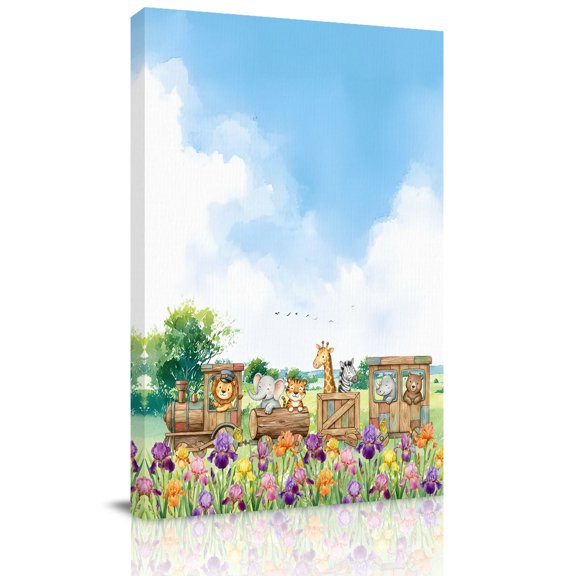 Spring Floral Canvas Wall Art for Living Room, Toy Wooden Train Cute Zebra Lion Bear Cartoon Elephant Wall Decor Framed Artwork Pictures Ready to Hang for Bedroom Office Home Decor