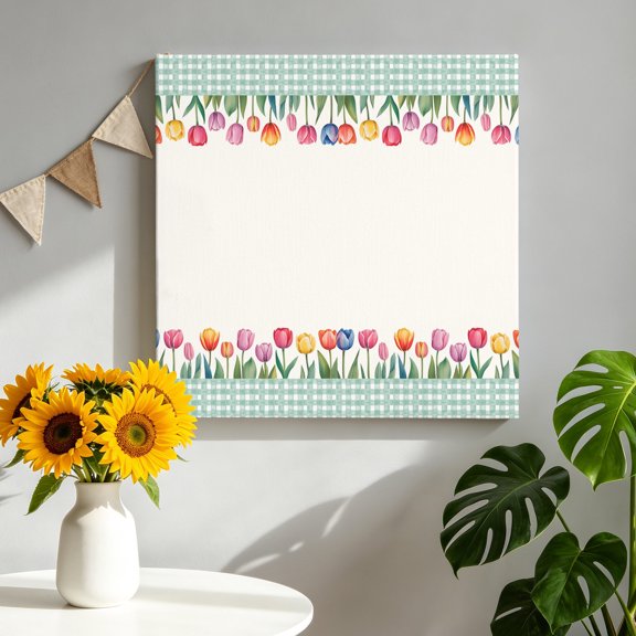Spring Floral Canvas Wall Art for Living Room, Watercolor Flower Green Leave Green Plaid Frame Wall Decor Framed Artwork Pictures Ready to Hang for Bedroom Office Home Decor 8x8 Inch