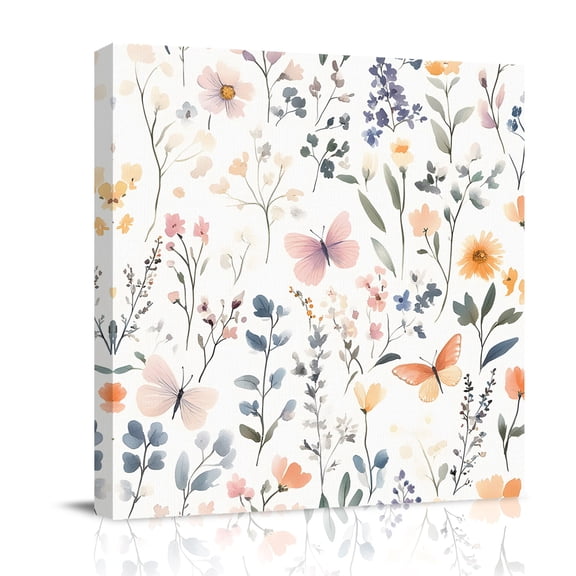Spring Floral Canvas Wall Art for Living Room, Watercolor Flower Leaf Fantasy Butterfly Farmhouse Poster Print Painting for Bedroom Office Home Decoration Wall Pictures Prepare To Hang 12"x12"