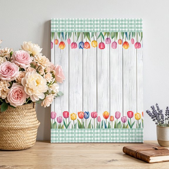 Spring Floral Canvas Wall Art for Living Room, Watercolor Flowers Green Leave Green Plaid Frame Wall Decor Framed Artwork Pictures Ready to Hang for Bedroom Office Home Decor 8x10 Inch