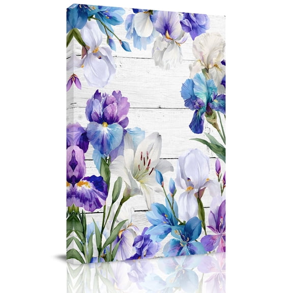 Spring Floral Canvas Wall Art for Living Room, Watercolors Purple Blue Iris Flowers Wood Grain Wall Decor Framed Artwork Pictures Ready to Hang for Bedroom Office Home Decor