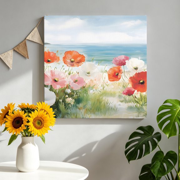 Spring Floral Canvas Wall Art, Poppy Grass Sky Sea Watercolor Landscape Pictures Wall Decor Wooden Framed Artwork Art Prints for Living Room Hallway Bedroom Office 8"x8"