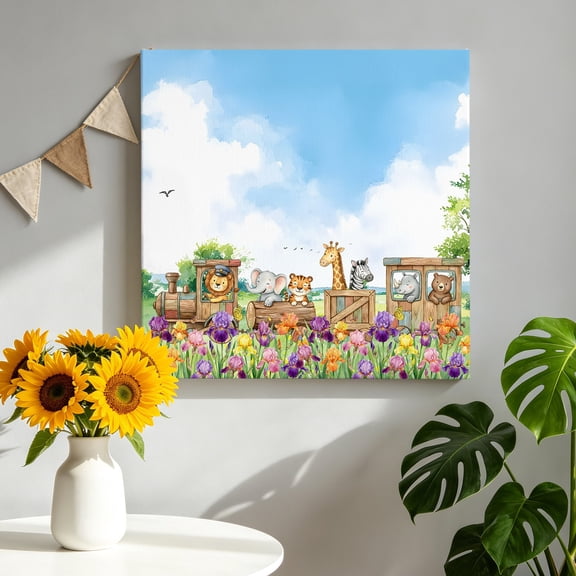 Spring Floral Canvas Wall Art, Toy Wooden Train Cute Zebra Lion Bear Cartoon Elephant Pictures Wall Decor Wooden Framed Artwork Art Prints for Living Room Hallway Bedroom Office 8"x8"