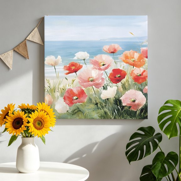 Spring Floral Canvas Wall Art, Watercolor Illustration Poppy Grass Sky Beach Pictures Wall Decor Wooden Framed Artwork Art Prints for Living Room Hallway Bedroom Office 8"x8"