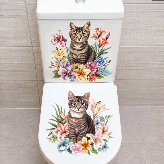 Spring Floral Cat Wall Sticker PVC for Bathroom Toilet Decor Waterproof 23x22cm