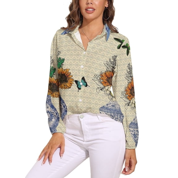 Spring Floral Celadon Long Sleeve Blouse Woman Streetwear Casual Shirts Summer Oversize Woman Streetwear Clothing Birthday Present