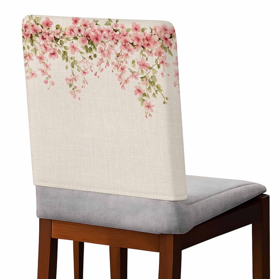 Spring Floral Chair Covers Set of 6 Pink Flowers Green Leaves Linen Texture Chair Back Covers Stretch Removable Washable Slipcovers Protector for Dining Room Kitchen Party Decor