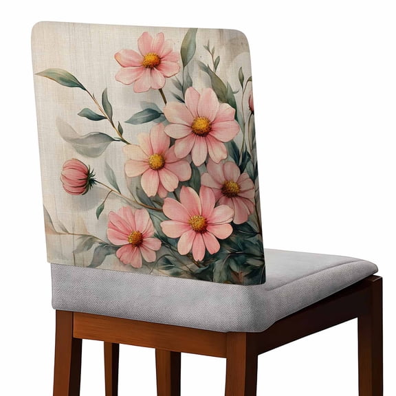 Spring Floral Chair Covers Set of 8 Pink Flower Green Leave Linen Texture Chair Back Covers Stretch Removable Washable Slipcovers Protector for Dining Room Kitchen Party Decor