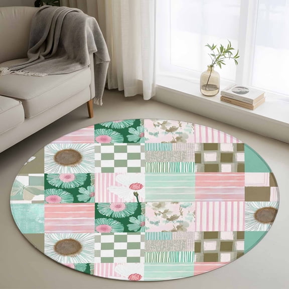 Spring Floral Checkered 3ft Area Rug, Turquoise Pink Buffalo Plaid Washable Non-Slip Small Round Rugs for Entryway Bedroom Kitchen, Soft Circle Carpet for Dining Room, Playroom Nursery Rug