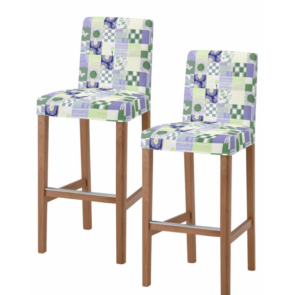 Spring Floral Checkered Bar Stool Covers Set of 2, Sage Green Purple Buffalo Plaid Stretch Washable Bar Chair Covers with Backs, Removable Pub Counter Height Chair Cover for Kitchen Dining Room Cafe