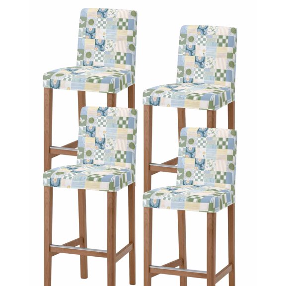 Spring Floral Checkered Bar Stool Covers Set of 4, Sage Green Daisy Buffalo Plaid Stretch Washable Bar Chair Covers with Backs, Removable Pub Counter Height Chair Cover for Kitchen Dining Room Cafe