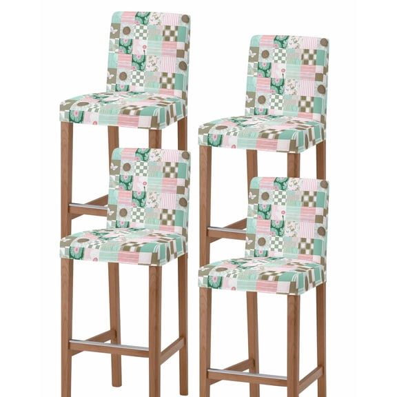 Spring Floral Checkered Bar Stool Covers Set of 4, Turquoise Pink Buffalo Plaid Stretch Washable Bar Chair Covers with Backs, Removable Pub Counter Height Chair Cover for Kitchen Dining Room Cafe