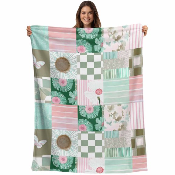 Spring Floral Checkered Blanket Soft Cozy Warm Throw Blanket for Couch, Plush Fuzzy Flannel Fleece Blankets for Sofa, Turquoise Pink Buffalo Plaid Bed Blankets Lightweight Gifts for Women, 30"x40"