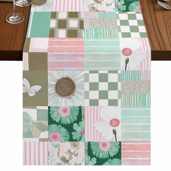 Spring Floral Checkered Burlap Cotton Table Runner 13x48 Inches Long, Turquoise Pink Buffalo Plaid Farmhouse Table Runners, Outdoor Dining Tablecloths Decor for Baby Shower/Party/Wedding