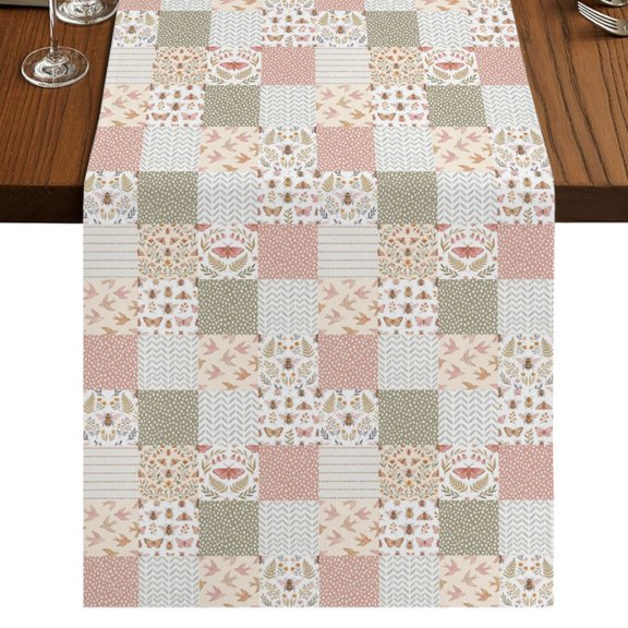 Spring Floral Checkered Burlap Cotton Table Runner 14x72 Inches Long, Farmhouse Botanical Plaid Farmhouse Table Runners, Outdoor Dining Tablecloths Decor for Baby Shower/Party/Wedding