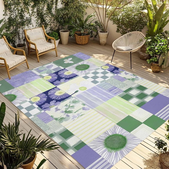 Spring Floral Checkered Outdoor Rug for Patio/Deck/Porch, Non-Slip Large Area Rug 6 x 9 Ft, Sage Green Purple Buffalo Plaid Indoor Outdoor Rugs Washable Area Rugs, Camping Rug Carpet Runner