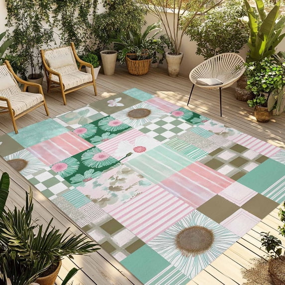 Spring Floral Checkered Outdoor Rug for Patio/Deck/Porch, Non-Slip Large Area Rug 6 x 9 Ft, Turquoise Pink Buffalo Plaid Indoor Outdoor Rugs Washable Area Rugs, Reversible Camping Rug Carpet Runner