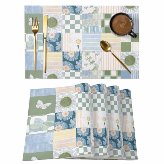 Spring Floral Checkered Placemats Set of 6, Sage Green Daisy Buffalo Plaid Placemats for Dining Table, Place Mats for Kitchen Tabletop, Waterproof Wipeable Dining Table Mats Set