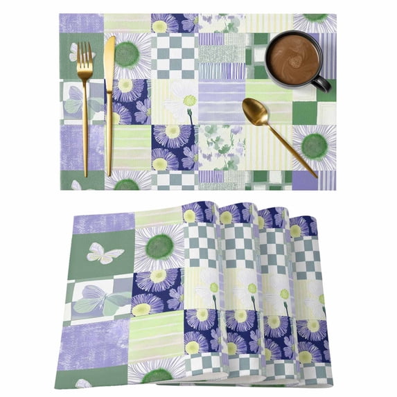 Spring Floral Checkered Placemats Set of 6, Sage Green Purple Buffalo Plaid Placemats for Dining Table, Place Mats for Kitchen Tabletop, Waterproof Wipeable Dining Table Mats Set