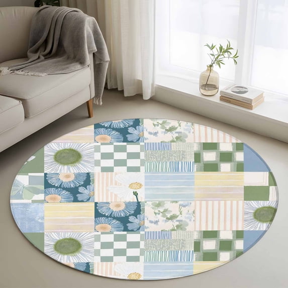 Spring Floral Checkered Round Area Rug 3Ft Washable Small Circle Rugs for Kitchen Entryway, Sage Green Daisy Buffalo Plaid Non-Slip Carpet Floor Mats Indoor Outdoor Carpet Runner Aesthetic Home Decor