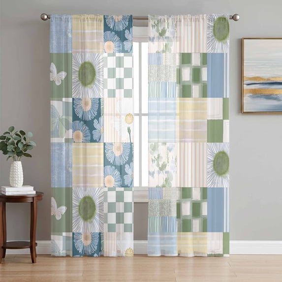 Spring Floral Checkered Sheer Curtains 96 Inch Length 2 Panels for Living Room, Sage Green Daisy Buffalo Plaid Voile Kitchen Curtain Set, Luxury Privacy Drapes Window Treatment for Bedroom