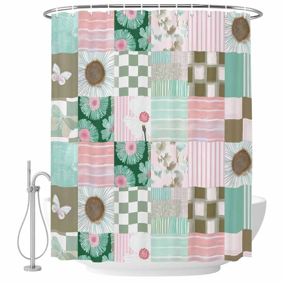 Spring Floral Checkered Shower Curtain, Waterproof Shower Curtains for Bathroom, Turquoise Pink Buffalo Plaid Washable Fabric Bathtub Curtain Set Bath Decor with 12 Hooks Standard 72"x72"