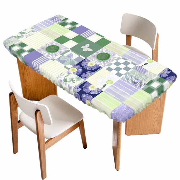 Spring Floral Checkered Table Cloths for 4 Foot Rectangle Tables, Sage Green Purple Buffalo Plaid Patio Waterproof Elastic Fitted Tablecloths, Washable Rectangular Table Cover for Camping