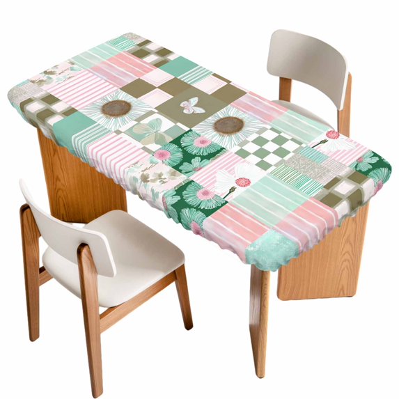 Spring Floral Checkered Table Cloths for 5 Foot Rectangle Tables, Turquoise Pink Buffalo Plaid Patio Waterproof Elastic Fitted Tablecloths, Washable Rectangular Table Cover for Camping