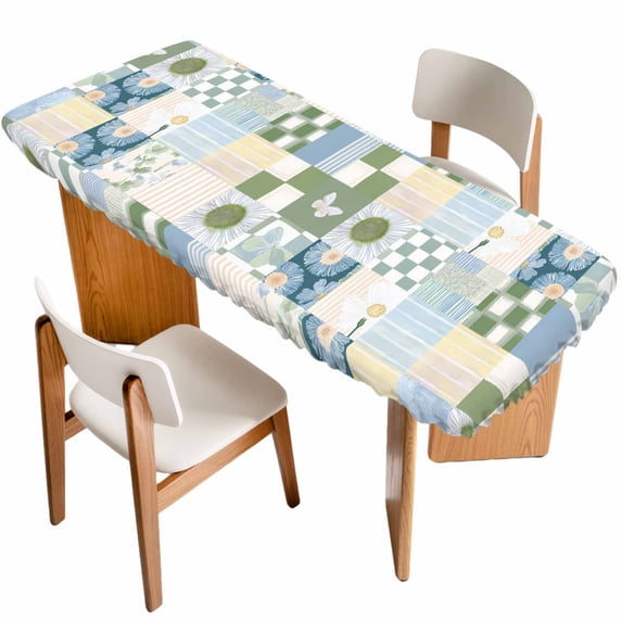 Spring Floral Checkered Table Cloths for 8 Foot Rectangle Tables, Sage Green Daisy Buffalo Plaid Patio Waterproof Elastic Fitted Tablecloths, Washable Rectangular Table Cover for Camping