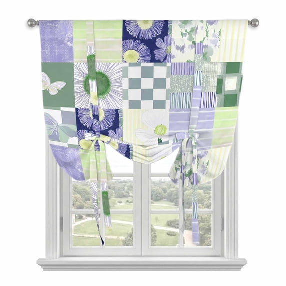 Spring Floral Checkered Tie Up Curtains 45 Inches Long, Kitchen Window Curtains Over Sink, Sage Green Purple Buffalo Plaid Small Window Curtains Shade Balloon Curtains Valances for Bedroom 34"x45"