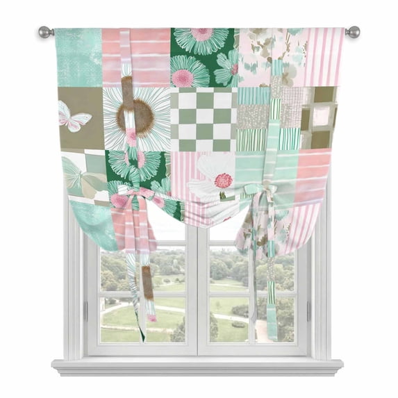 Spring Floral Checkered Tie Up Curtains 45 Inches Long, Kitchen Window Curtains Over Sink, Turquoise Pink Buffalo Plaid Small Window Curtains Shade Balloon Curtains Valances for Bedroom/Cafe 34"x45"