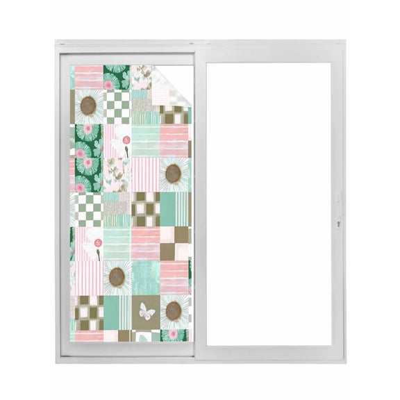 Spring Floral Checkered Window Privacy Film, Turquoise Pink Buffalo Plaid Static Cling UV Sun Blocking Tint Film Heat Control Windows Films for Bedroom Bathroom, Window Stickers 23.6"x59"